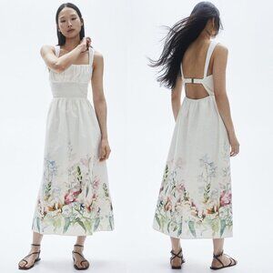 H&M Printed Linen-Blend Square-neck Midi Dress in White Floral, size M